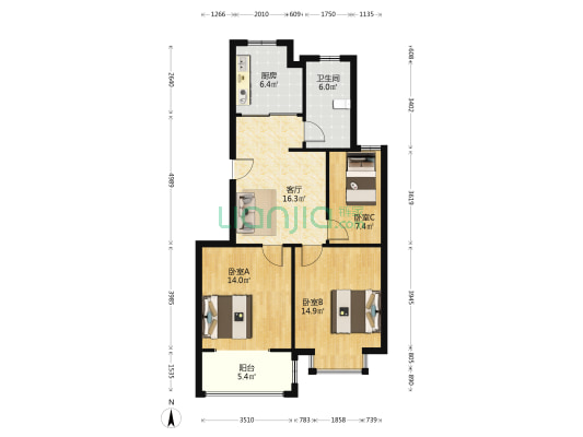 金帝城市花苑 3室1厅1卫 85平方