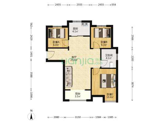 阳光城6号院 3室1厅1卫 89平方