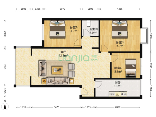半山华府 3室1厅1卫 89平方