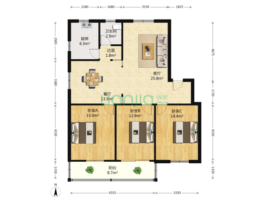 郭里园新村 3室2厅1卫 122平方