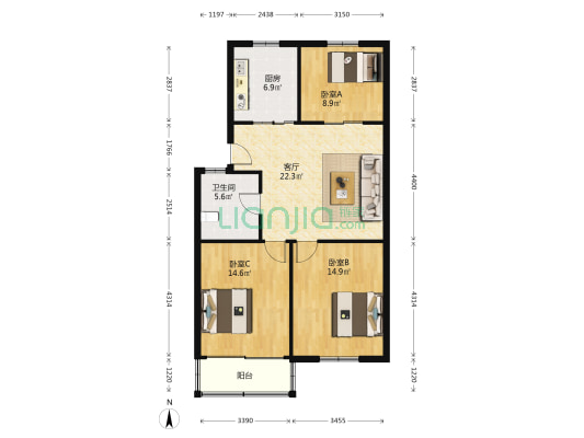 银杏苑(昆山市) 3室1厅1卫 95平方