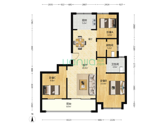 滨河湾C区 3室1厅1卫 117平方
