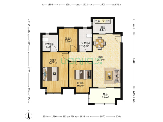 金隅金成公馆A区 3室1厅2卫 111平方