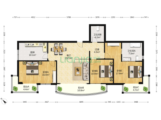 成电花园桃源苑 3室1厅2卫 147平方