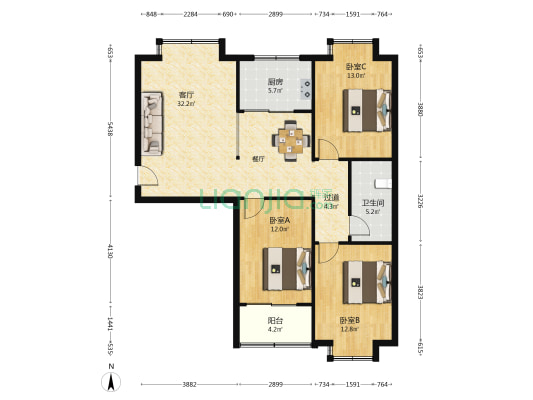 世家豪庭一区 3室1厅1卫 121平方