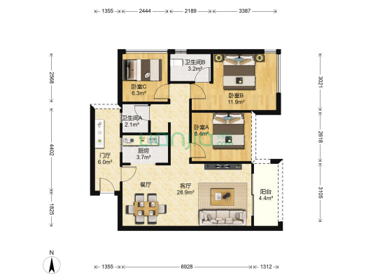 大唐世家二区 3室1厅2卫 85平方