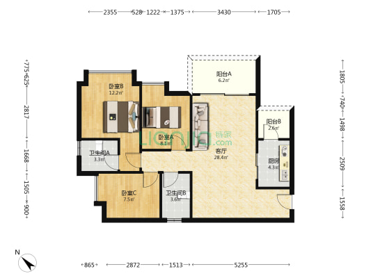 天润和园 3室1厅2卫 93平方