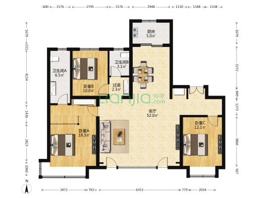 中海京叁號院 3室1厅2卫 167平方