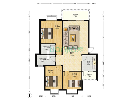 三和馨居 3室1厅2卫 103平方
