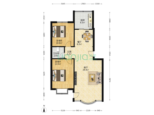 吉利家苑 2室2厅1卫 90平方