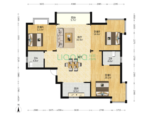 天行滨湖1号 3室1厅2卫 135平方