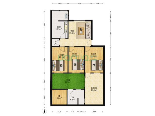 泰山商场宿舍南区 3室1厅2卫 76平方