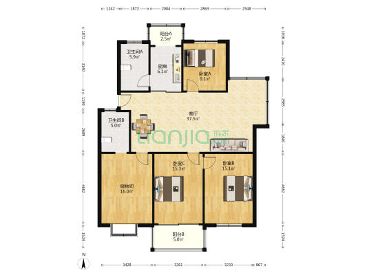 东苑花园 3室1厅2卫 134平方