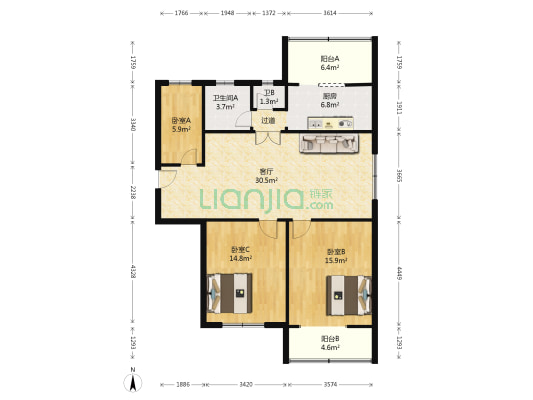 校尉营中行宿舍 3室1厅2卫 111平方