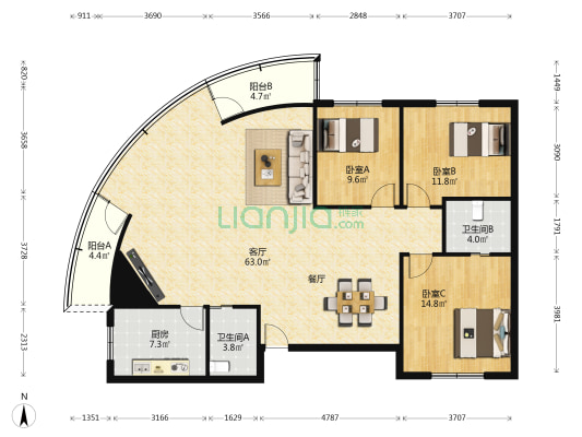 龙山综合楼小区 3室1厅2卫 143平方