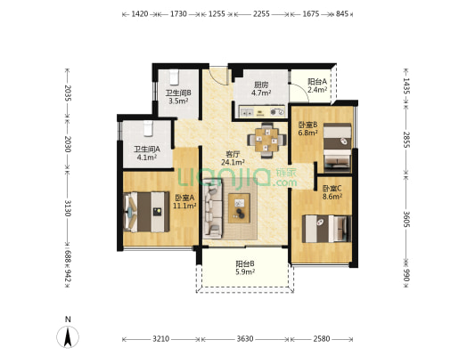 凯柏·瑞信美域 3室1厅2卫 86平方