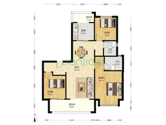 龙湖江与城 3室1厅2卫 116平方