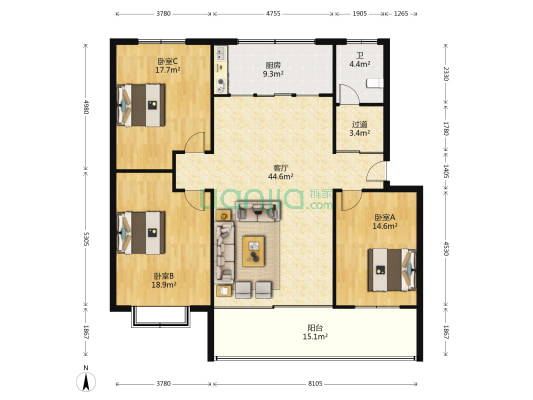 天山花园 3室1厅1卫 143平方