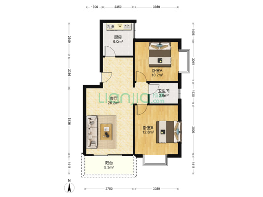 海德旭园B区 2室1厅1卫 80平方