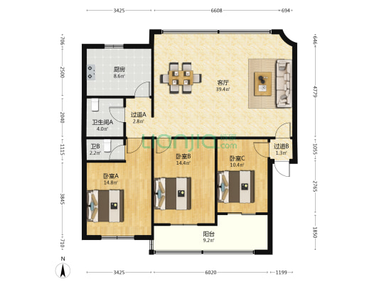 江南公寓 3室1厅2卫 123平方