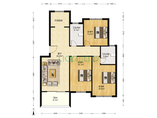 源峰嘉苑 3室1厅2卫 126平方