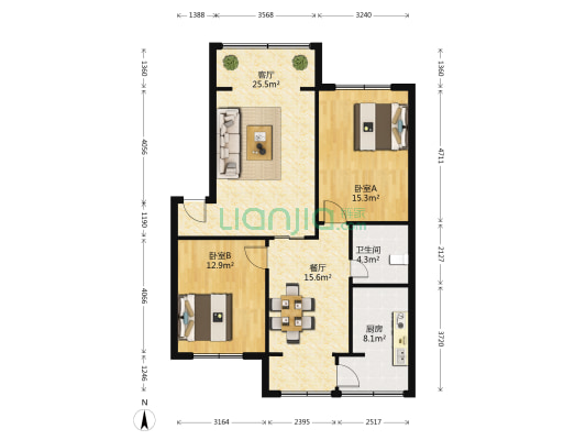百花南街1号 2室2厅1卫 93平方