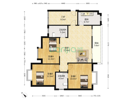 清江别韵 3室1厅2卫 108平方