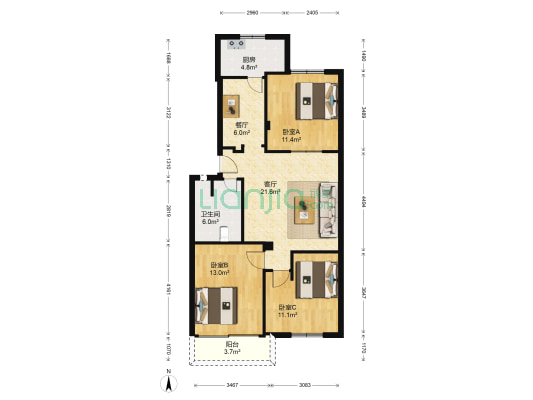 农林大学东区教工宿舍 3室2厅1卫 98平方