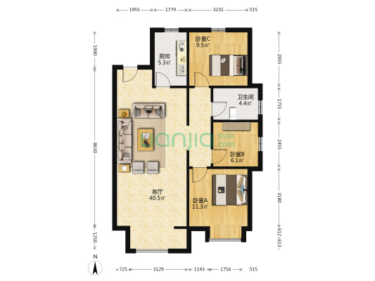 万科公园大道安泰园 3室1厅1卫 117平方