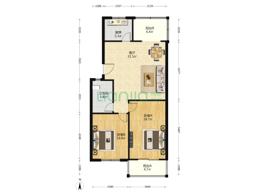 美景花园 2室1厅1卫 101平方