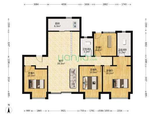 旭辉江山一期 4室1厅2卫 130平方