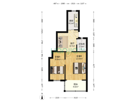 植物园宿舍 2室1厅1卫 52平方