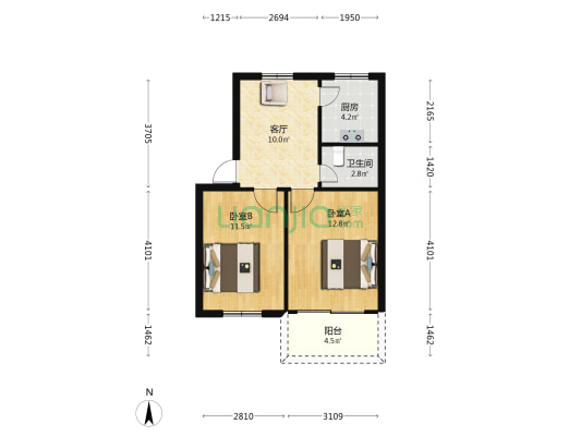 福飞路省经贸委宿舍 2室1厅1卫 56平方