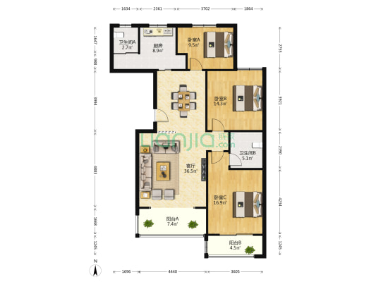 楚江华庭 3室1厅2卫 132平方