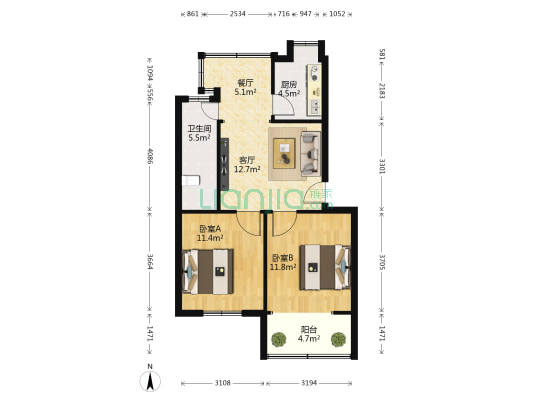 环卫处家属院 2室2厅1卫 68平方