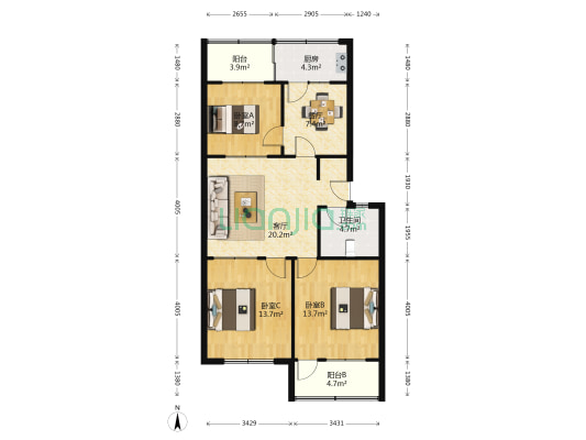 化工局宿舍 3室2厅1卫 88平方