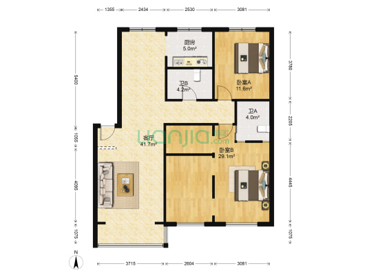 万嘉花园A区 2室1厅2卫 122平方
