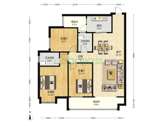 保利中央峰景 3室1厅2卫 104平方