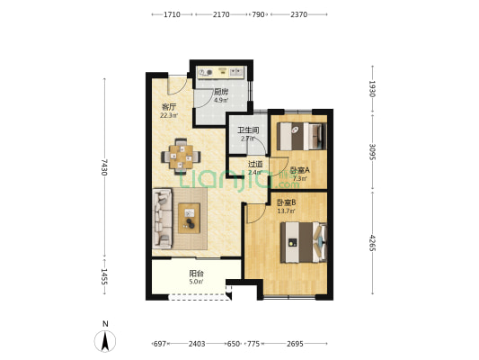 鸿翔北辰金邸 2室1厅1卫 75平方