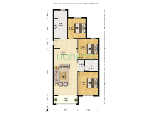 鲁商凤凰城 3室1厅2卫 87平方