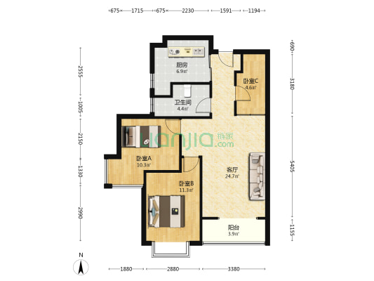 华阳东路联合七号院西南向两居随时看房-户型图