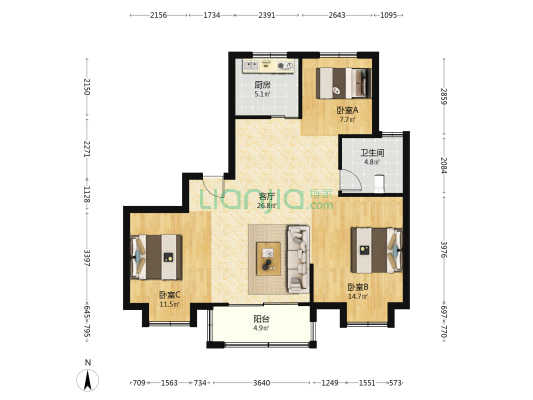 江天府 3室1厅1卫 107平方