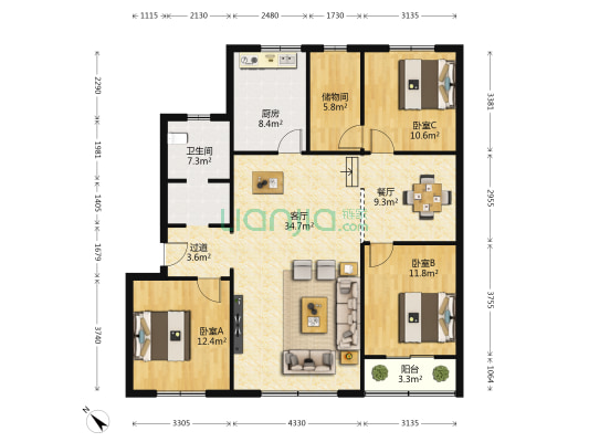 同发苑 3室2厅1卫 126平方