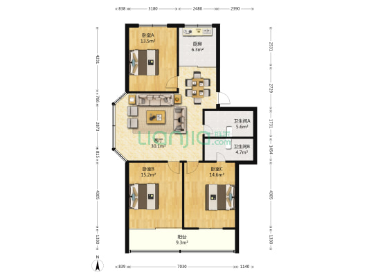 镜水苑 3室1厅2卫 115平方