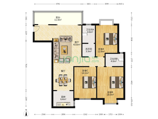 財富嘉苑 3室1厅3卫 147平方