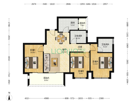 滨江春城公元 3室1厅2卫 97平方