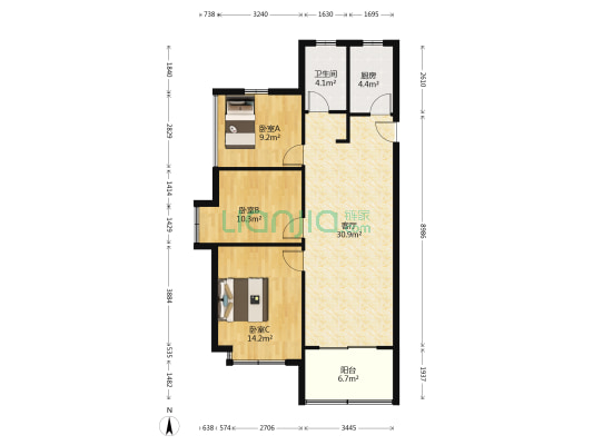 琥珀名郡香榭里 3室1厅1卫 97平方