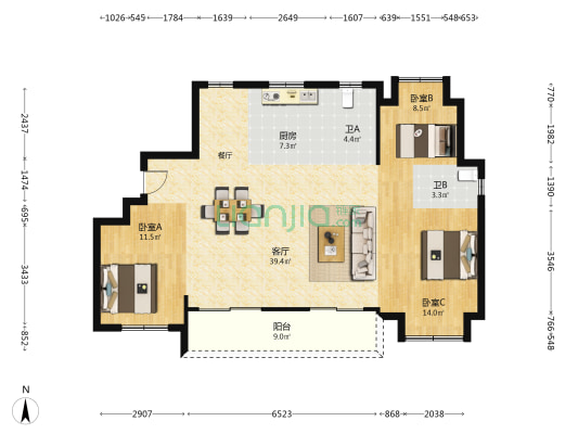 翰林公馆 3室1厅2卫 123平方