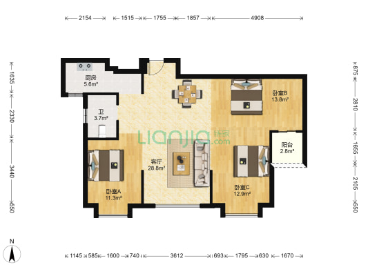 华府美郡花园 3室1厅1卫 106平方