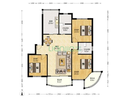 由中苑 3室1厅2卫 120平方